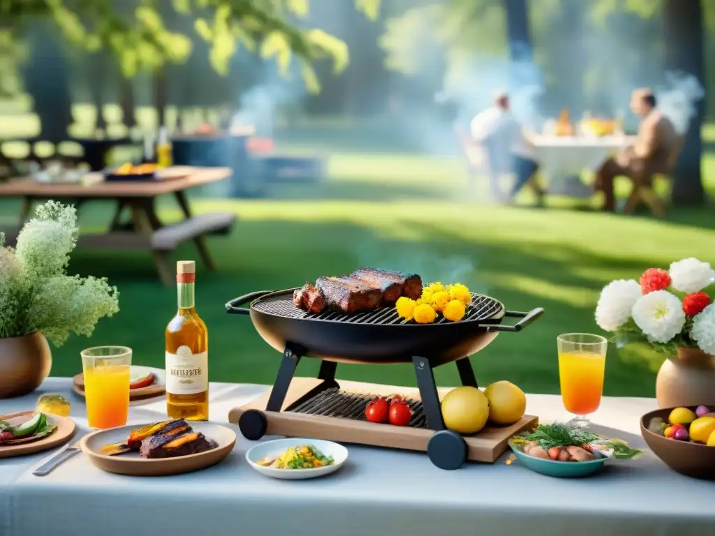 Escena vibrante de barbacoa al aire libre en jardín primaveral con recetas sin gluten