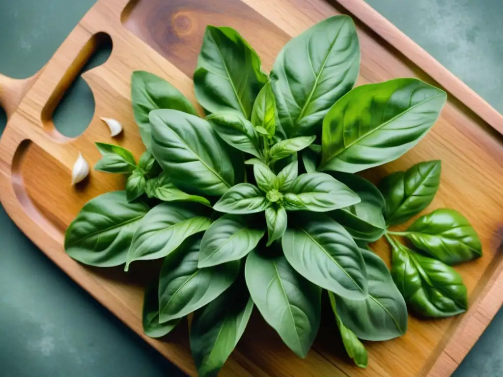 Escena vibrante de albahaca verde brillante y ajo fresco en tabla de madera rústica