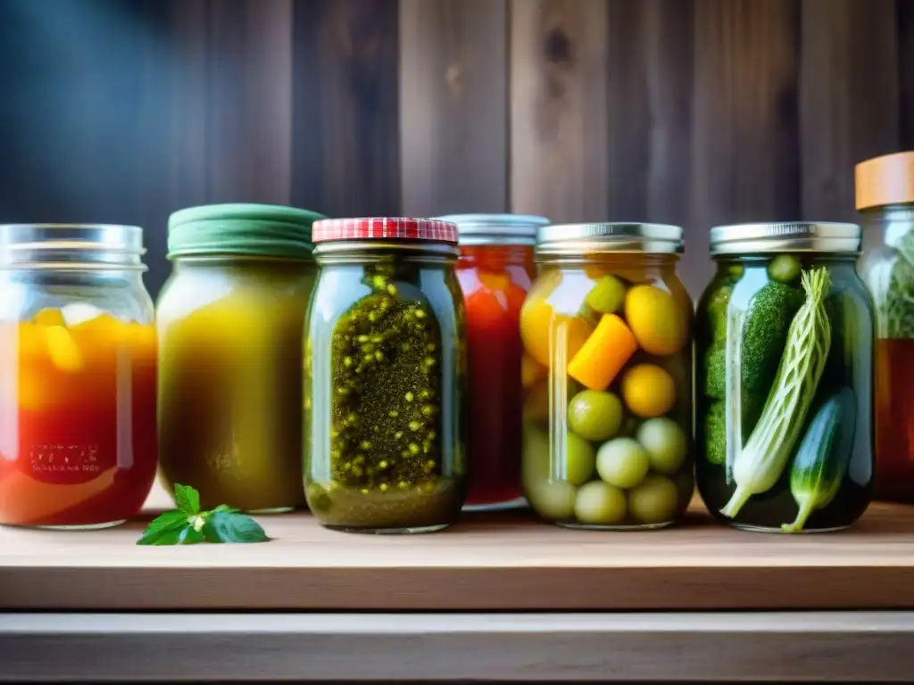 Una escena vibrante de alimentos fermentados sin gluten probióticos en tarros coloridos sobre mesa de madera, con hierbas frescas esparcidas