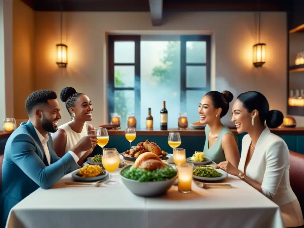 Una escena vibrante de amigos disfrutando de comida sin gluten en un restaurante, perfecta para quienes buscan 'Apps para planificar menús sin gluten'