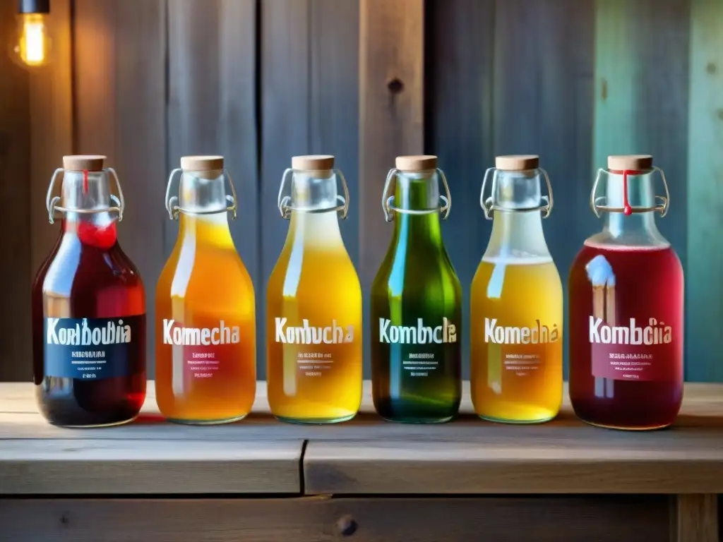 Una escena vibrante de botellas de vidrio coloridas de kombucha con sabores de frambuesa, jengibre y limón