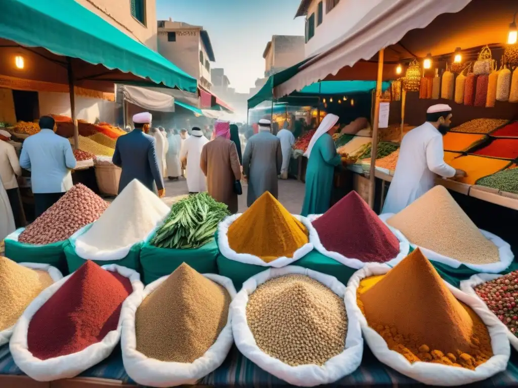 Escena vibrante de un bullicioso mercado del Medio Oriente, con especias coloridas y clientes regateando