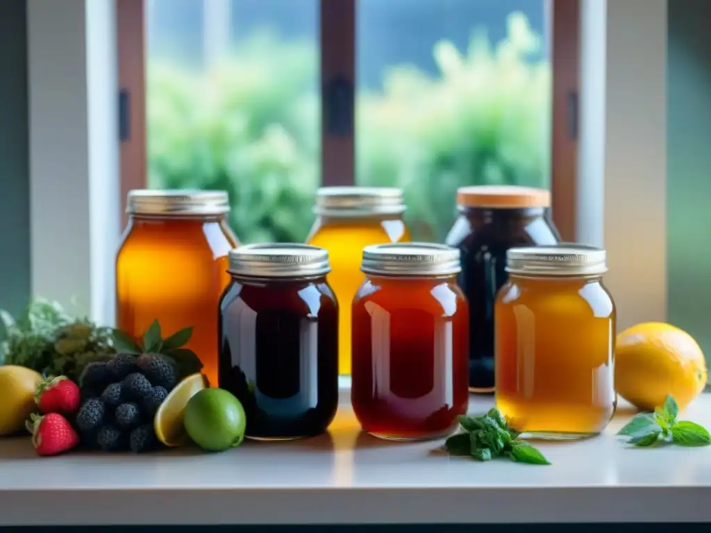 Una escena vibrante de preparación de kombucha casera sin gluten, con frutas frescas, hierbas y variedades de té