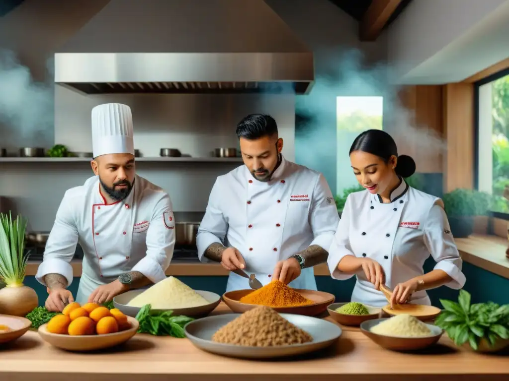 Una escena vibrante de chefs diversos preparando recetas con yuca en una cocina moderna