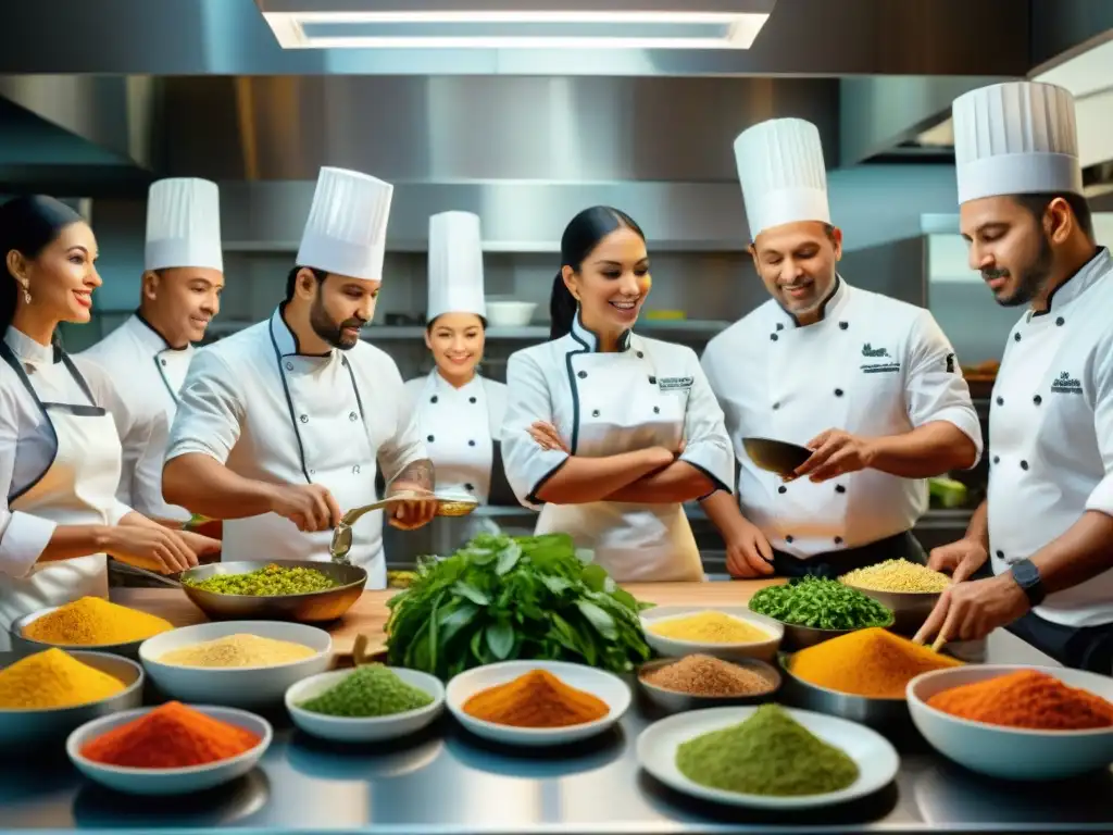 Chefs Latinos crean platos glutenfree con pasión en cocina moderna Una escena vibrante en la cocina con chefs latinos preparando platos sin gluten