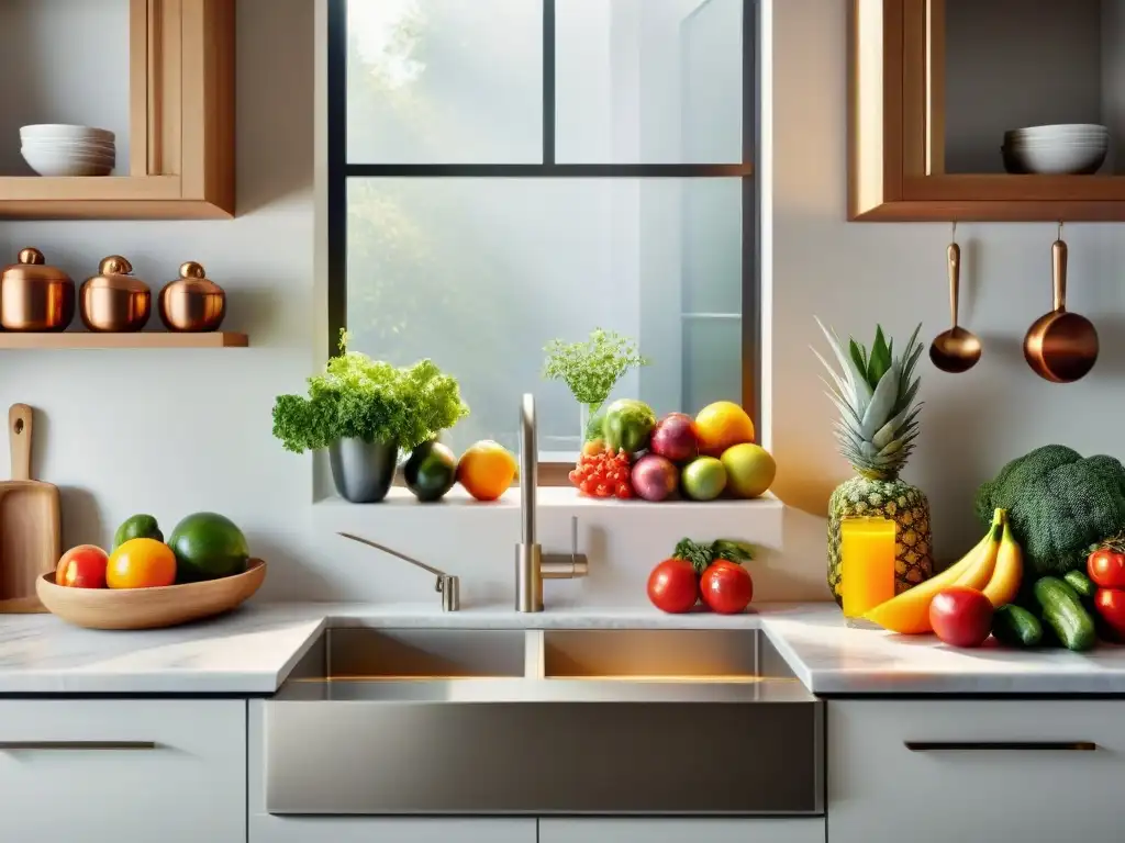 Escena vibrante de cocina con frutas, verduras y hierbas coloridas