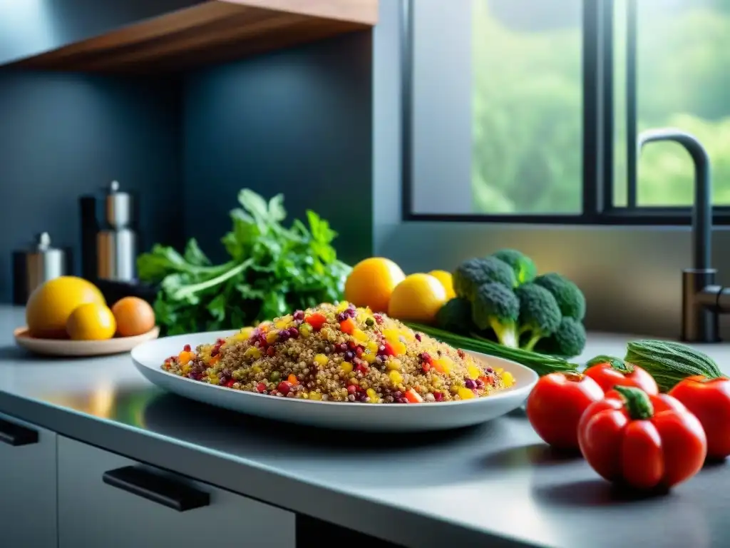 Una escena vibrante de cocina sin gluten con ingredientes coloridos y frescos, iluminada por el sol