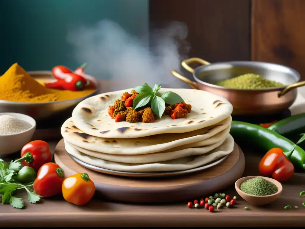 Una escena vibrante de una cocina india sin gluten recetas, con especias coloridas y vegetales frescos