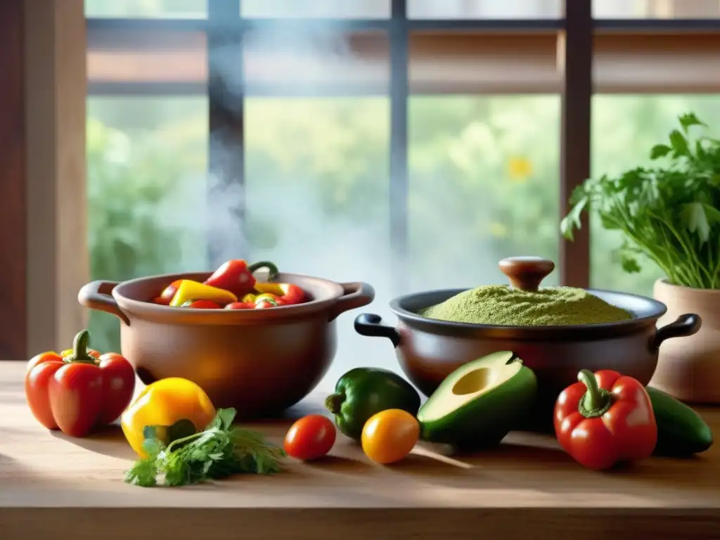 Una escena vibrante de cocina latina con ingredientes tradicionales y chef preparando salsa sin gluten en olla de barro