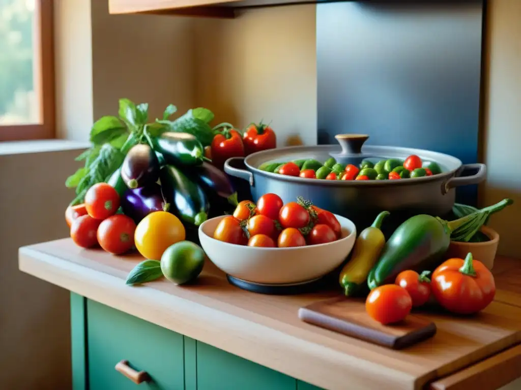 Escena vibrante de cocina mediterránea: colores y frescura Una escena mediterránea vibrante de una cocina llena de alimentos frescos y coloridos, transmitiendo frescura y tradición culinaria