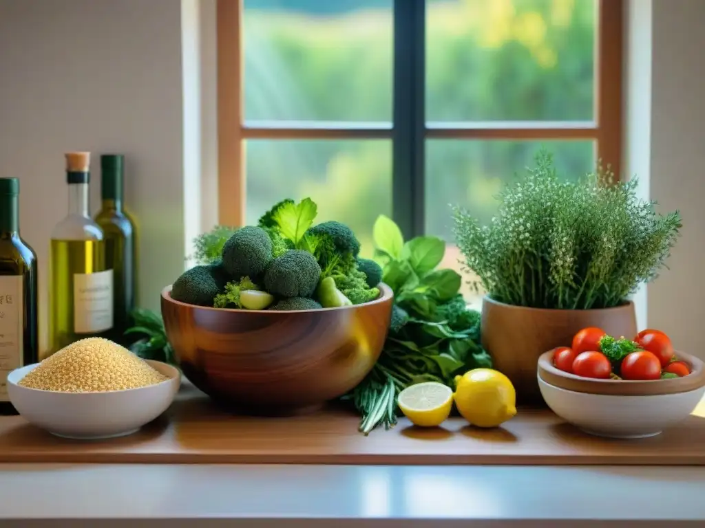 Cocina mediterránea: escena vibrante con ingredientes frescos y coloridos Escena vibrante de una cocina mediterránea con recetas sin gluten saludables, mesa de madera, verduras frescas y hierbas aromáticas