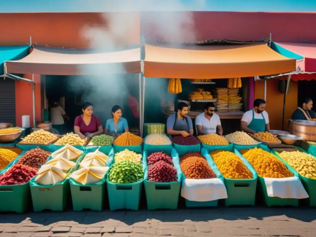 Escena vibrante de cocina mexicana sin gluten innovadora en un mercado mexicano lleno de coloridas barracas y diversidad, bajo el cálido sol