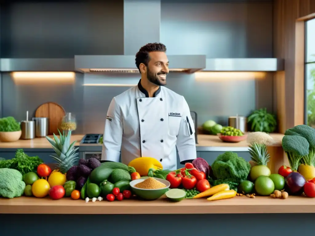 Una escena vibrante de cocina vegana sin gluten innovadora con chefs, blogueros y nutricionistas alrededor de una isla llena de ingredientes coloridos