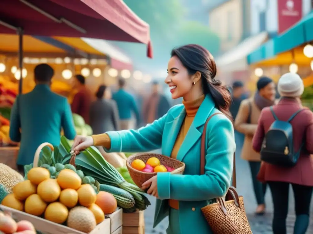 Una escena vibrante de compras con amigos en un bullicioso mercado, repleto de productos sin gluten de calidad