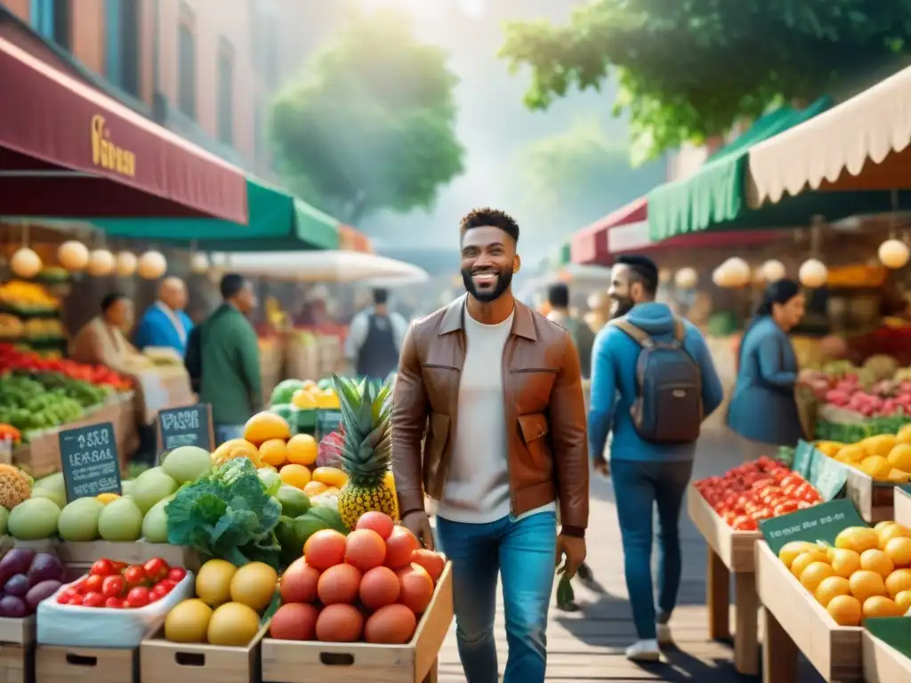 Una escena vibrante de compras con una diversa comunidad disfrutando y sonriendo en un mercado al aire libre