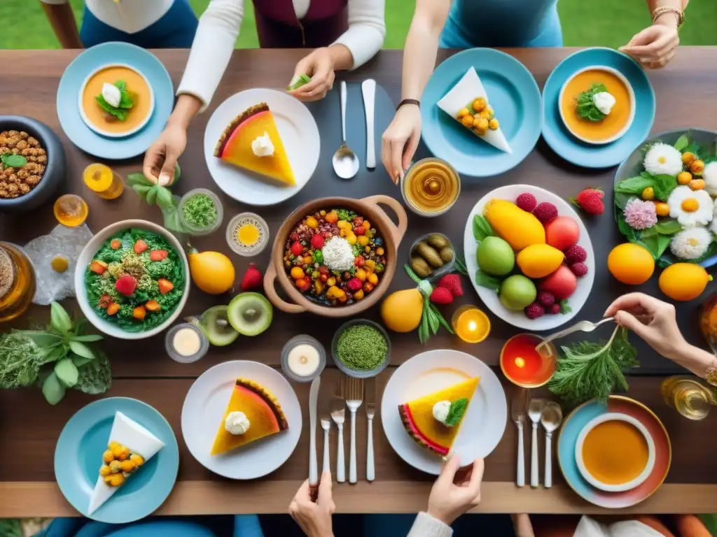 Una escena vibrante de comunidad disfrutando comida sin gluten en distintos idiomas