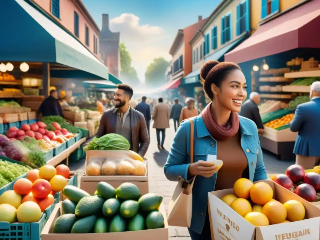 Escena vibrante de comunidad en mercado con tendencias alimentación sin gluten