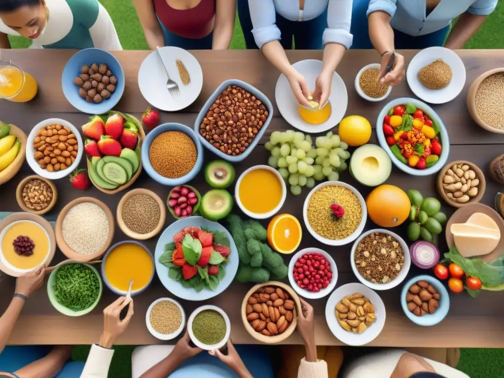 Una escena vibrante y detallada de diversidad y alegría en torno a una mesa con tendencias alimentación sin gluten paleo