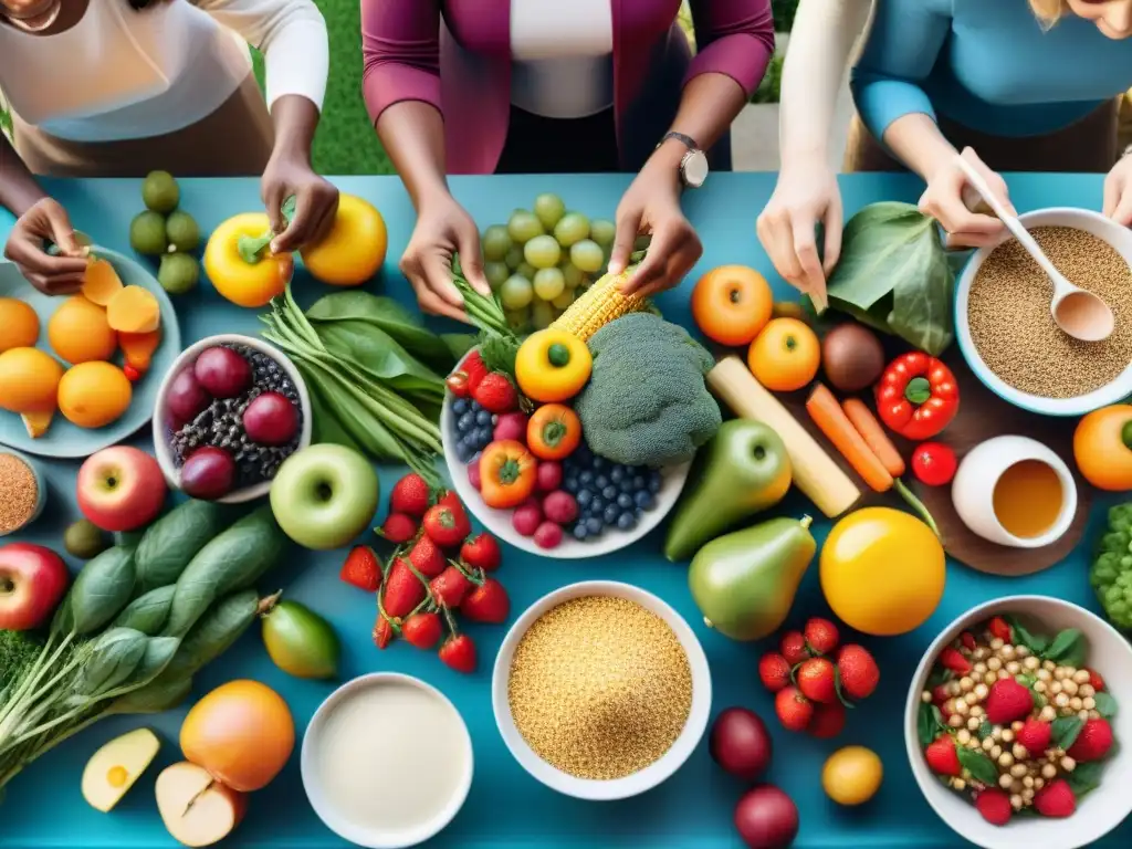 Una escena vibrante y detallada de un grupo diverso disfrutando de una comida sin gluten para microbiota, celebrando la salud y la comunidad