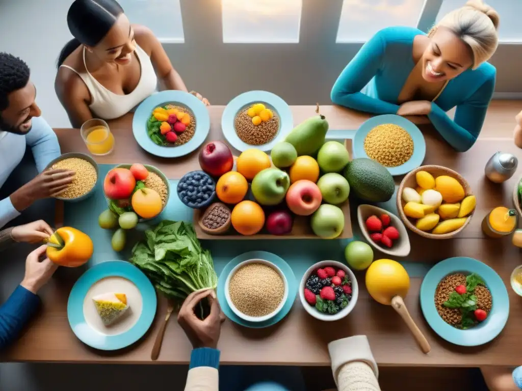 Una escena vibrante y detallada de personas diversas disfrutando de una comida sin gluten, con beneficios de comer sin gluten