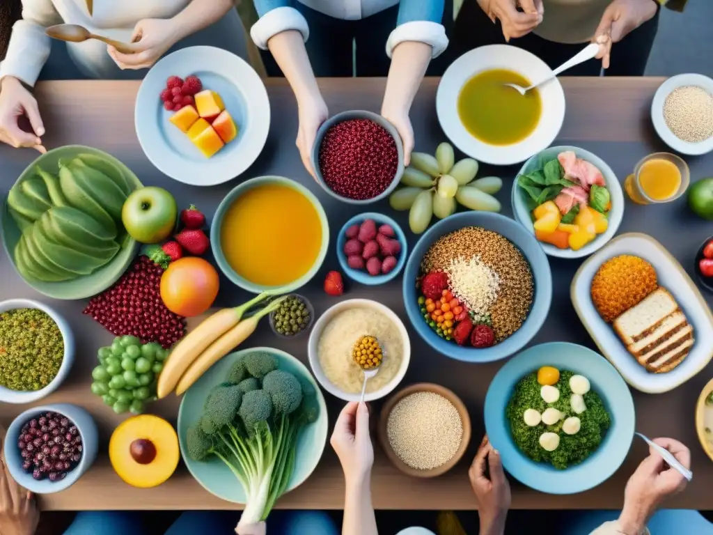 Una escena vibrante de diversidad y alegría compartiendo alimentos probióticos sin gluten