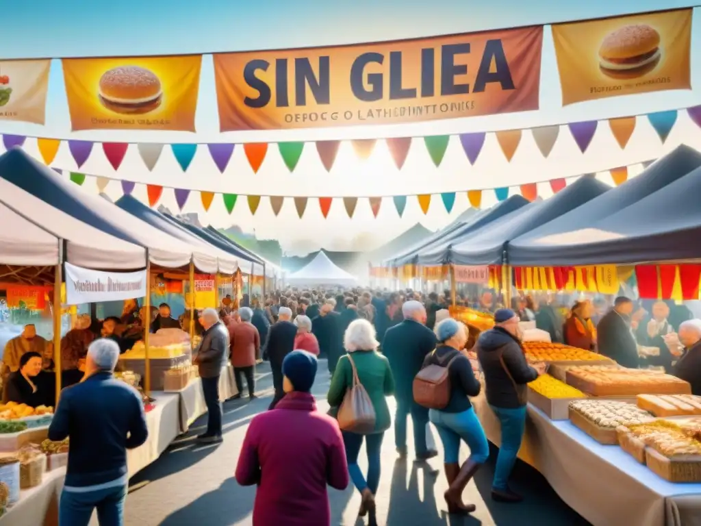 Escena vibrante de un festival de comida sin gluten con puestos coloridos y visitantes disfrutando de delicias sin gluten bajo la cálida luz del sol