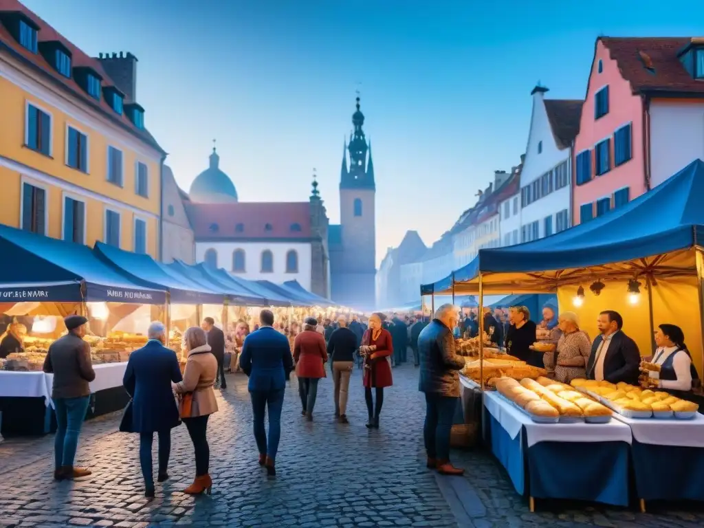 Escena vibrante de un festival europeo sin gluten, con coloridos puestos de comida y gente disfrutando