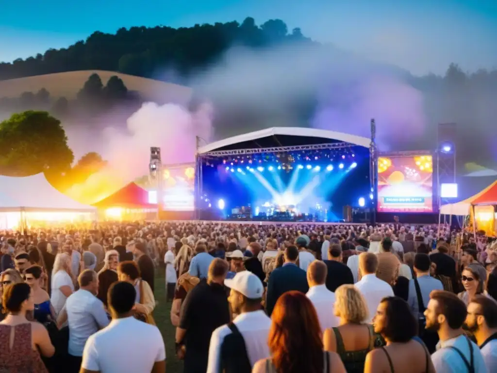 Escena vibrante en festival de música con opciones sin gluten, delicias culinarias y luces coloridas