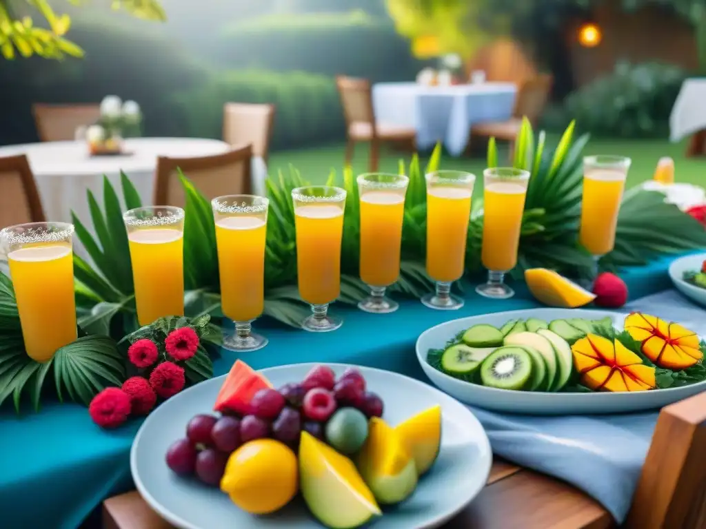 Una escena vibrante de una fiesta de verano al aire libre con mesa llena de coloridas recetas sin gluten y bebidas refrescantes, decorada con flores y frutas tropicales