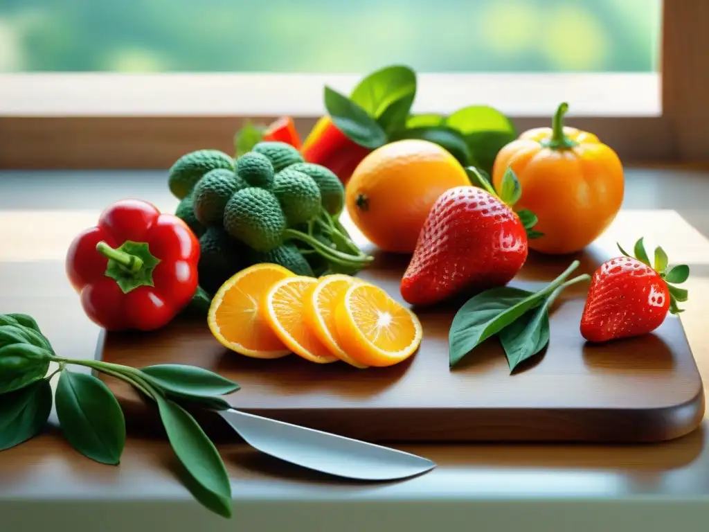 Una escena vibrante de frutas y verduras frescas en una tabla de cortar de madera, iluminada por el sol