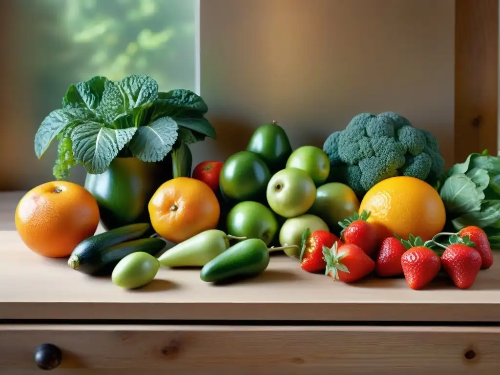 Una escena vibrante de frutas y verduras frescas sobre mesa de madera rústica