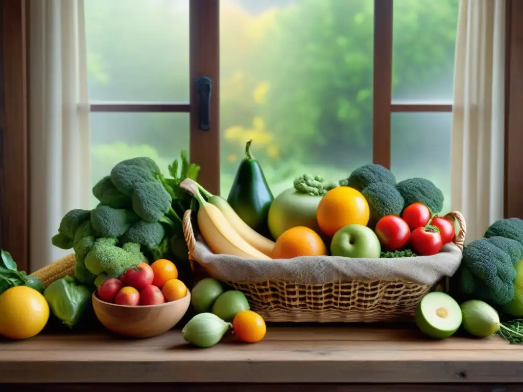 Una escena vibrante de ingredientes sin gluten de temporada, con frutas, verduras, hierbas y granos frescos sobre una mesa de madera rústica