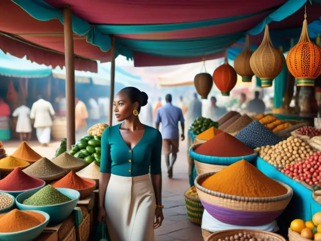 Escena vibrante de mercado africano con ingredientes sin gluten innovadores y coloridas especias