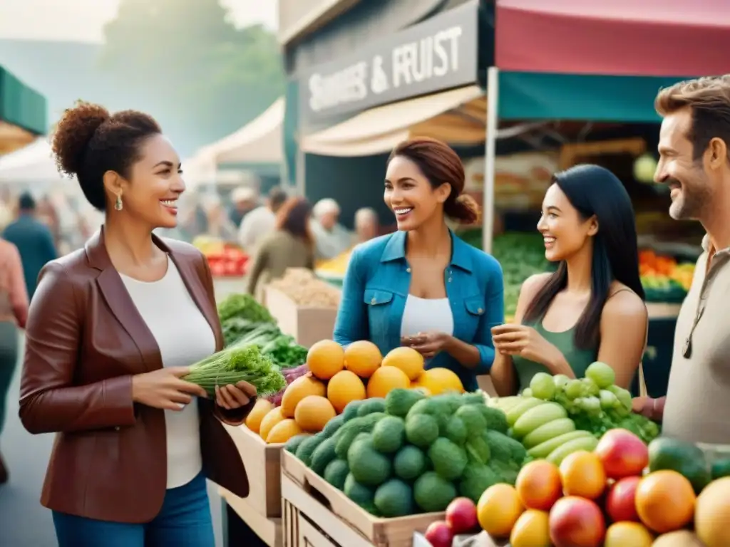 Escena vibrante en el mercado de agricultores con gente diversa disfrutando de la compra de alimentos frescos y sin gluten