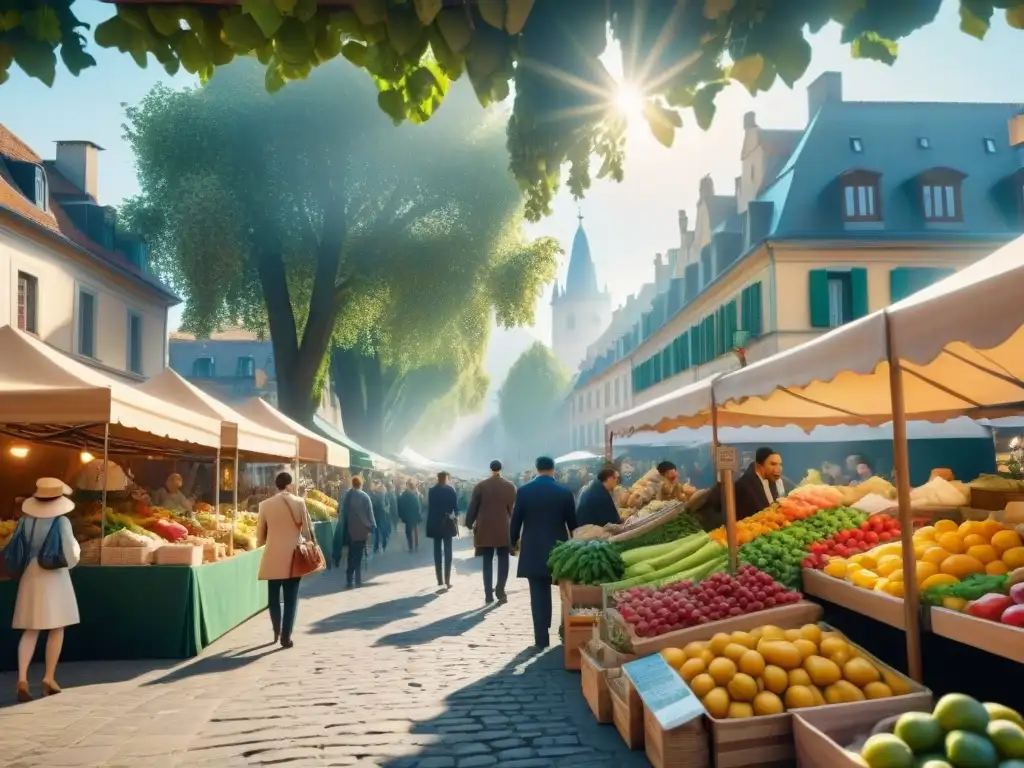 Escena vibrante de mercado al aire libre en ciudad europea con frutas, verduras y productos sin gluten