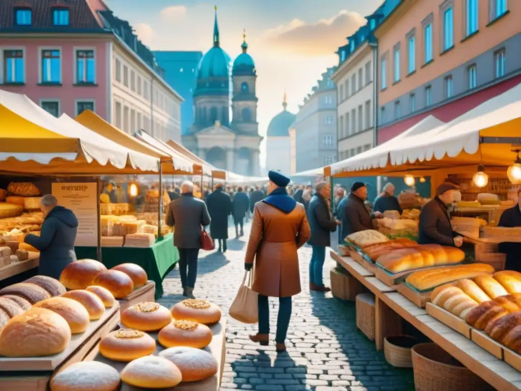 Escena vibrante de un mercado al aire libre en Berlín con opciones sin gluten