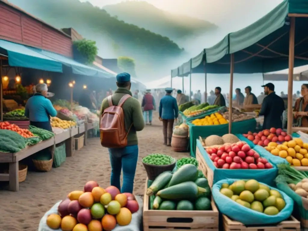 Una escena vibrante de un mercado al aire libre con frutas y verduras coloridas