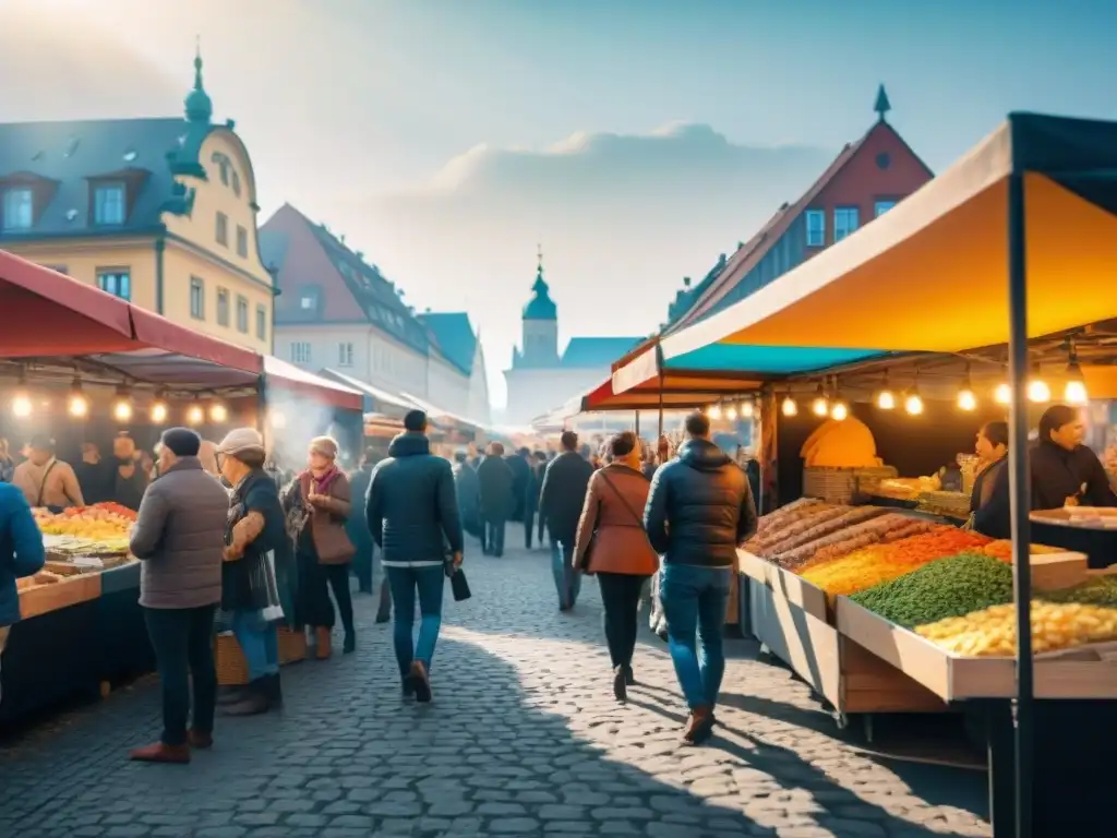 Escena vibrante en mercado berlinés sin gluten, con comida callejera variada y gente disfrutando