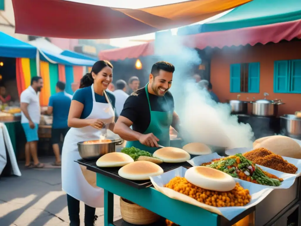 Escena vibrante en mercado callejero latino, con recetas street food sin gluten y ambiente festivo