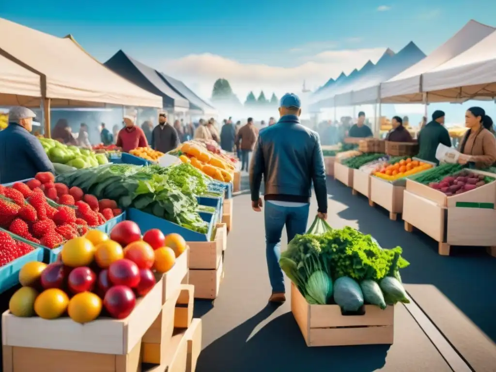 Escena vibrante en el mercado con clientes variados seleccionando frutas y verduras frescas