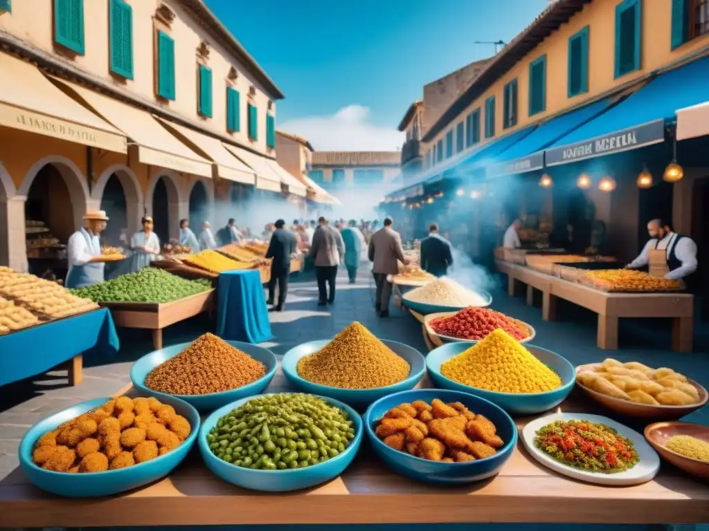 Una escena vibrante de un mercado de comida al aire libre en España, con una variedad de platos sin gluten y auténticos