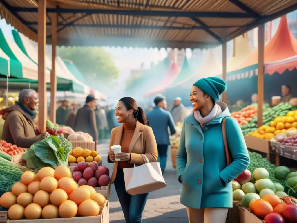 Escena vibrante en mercado: diversidad de personas felices comprando productos sin gluten