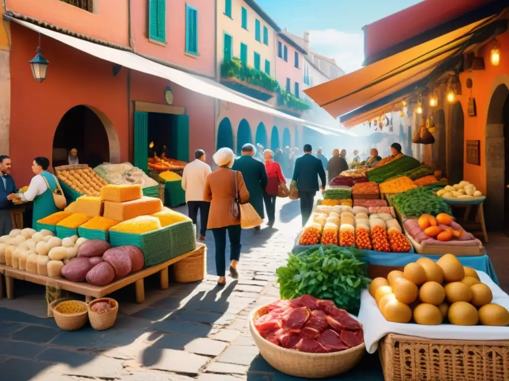 Escena vibrante en un mercado español con recetas sin gluten innovadoras, gente feliz y colorida arquitectura de España