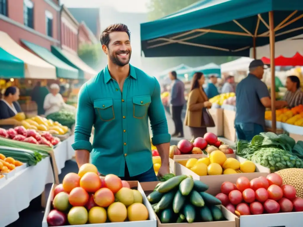 Escena vibrante de un mercado con frutas, verduras y granos sin gluten, creando una atmósfera de cocina sin gluten feliz vida