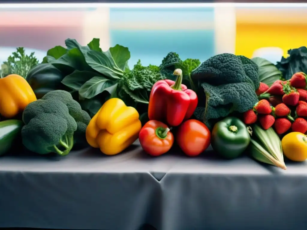 Una escena vibrante de un mercado con frutas y verduras frescas sin gluten, resaltando beneficios dieta sin gluten salud