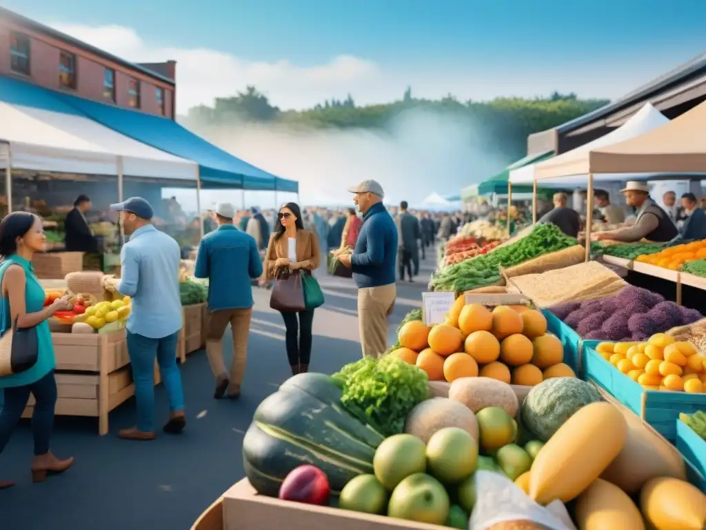 Escena vibrante de mercado con marcas alimentos orgánicos sin gluten, colores vivos y ambiente comunitario