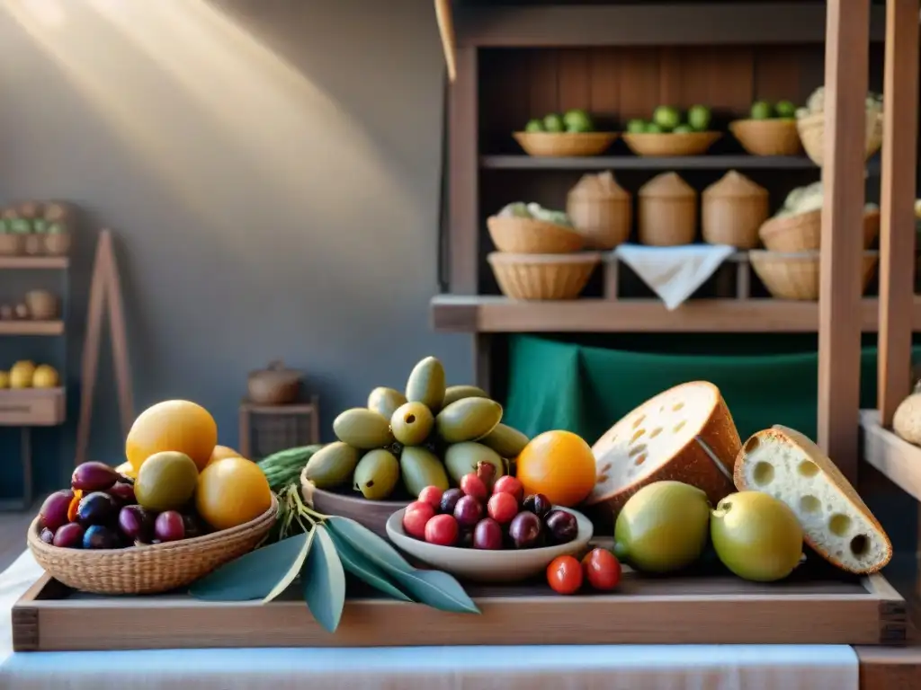 Una escena vibrante de mercado mediterráneo con productos sin gluten en culturas, bañada por la luz del sol