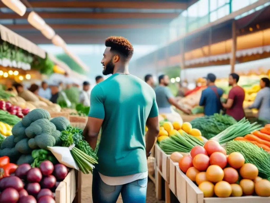 Escena vibrante en mercado orgánico con productos sin gluten, diversidad y comunidad