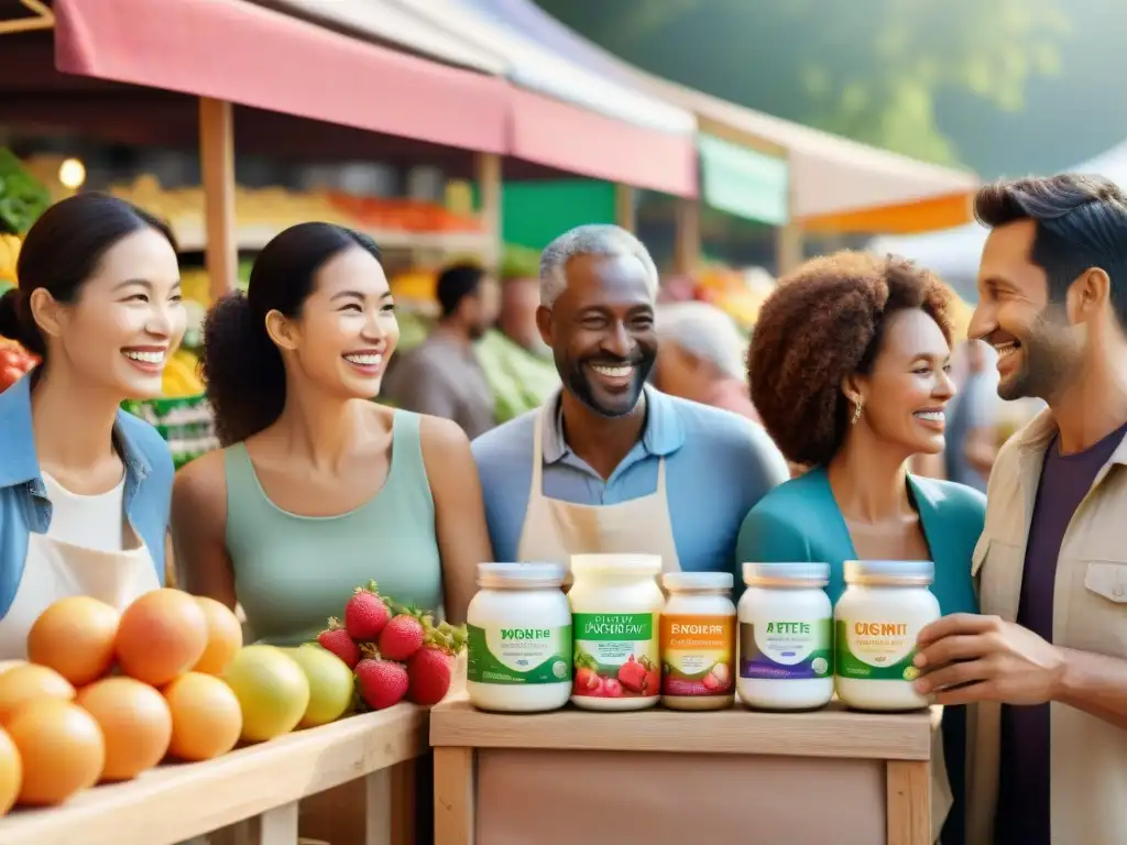 Una escena vibrante en el mercado con personas de diferentes edades y orígenes, sonriendo y disfrutando de productos probióticos sin gluten