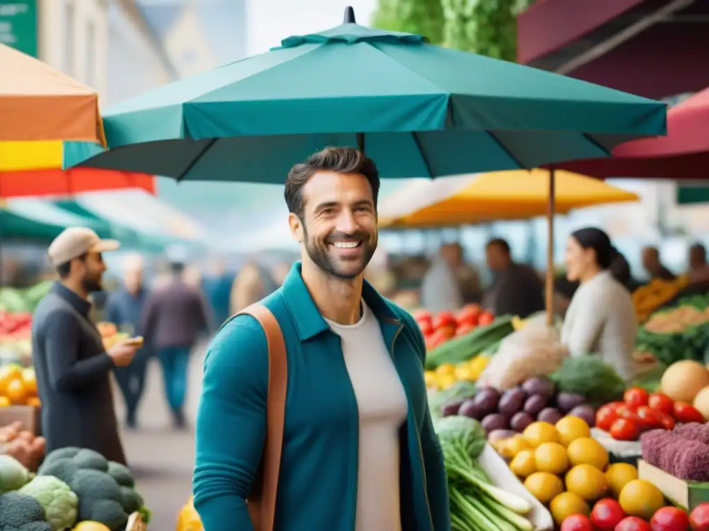 Escena vibrante en mercado con productos sin gluten y FODMAP, creando comunidad y accesibilidad para dieta FODMAP baja gluten